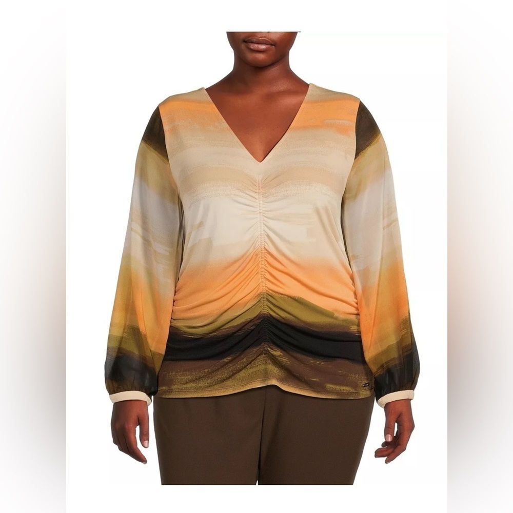 NEW 1X Plus Size Calvin Klein Ombre Matte Jersey V-Neck Long Chiffon Sleeve $80